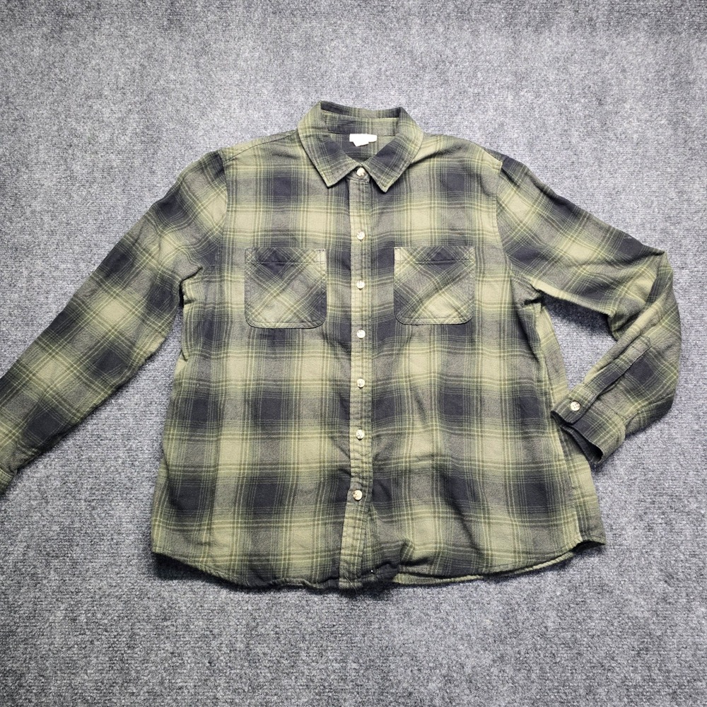 ana A New Approach Plaid Flannel Button Up Shirt Womens Medium Green & Black